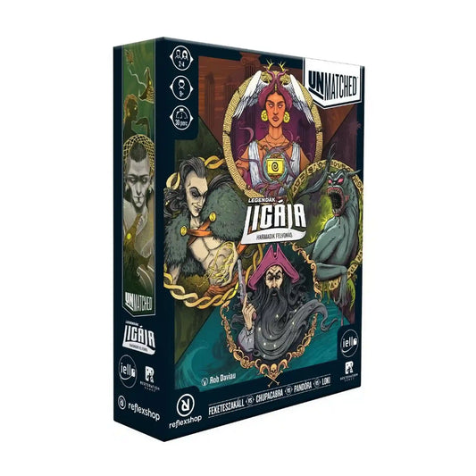 Az Unmatched: Legendák ligája – Harmadik felvonás magyar nyelvű társasjáték doboza, amelyen Loki, Pandóra, Feketeszakáll és Chupacabra látványos illusztrációi szerepelnek.