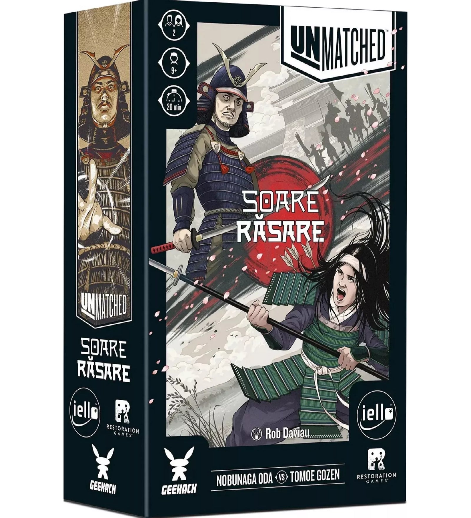 Unmatched: Soare Răsare társasjáték doboza Nobunaga Oda és Tomoe Gozen illusztrációval