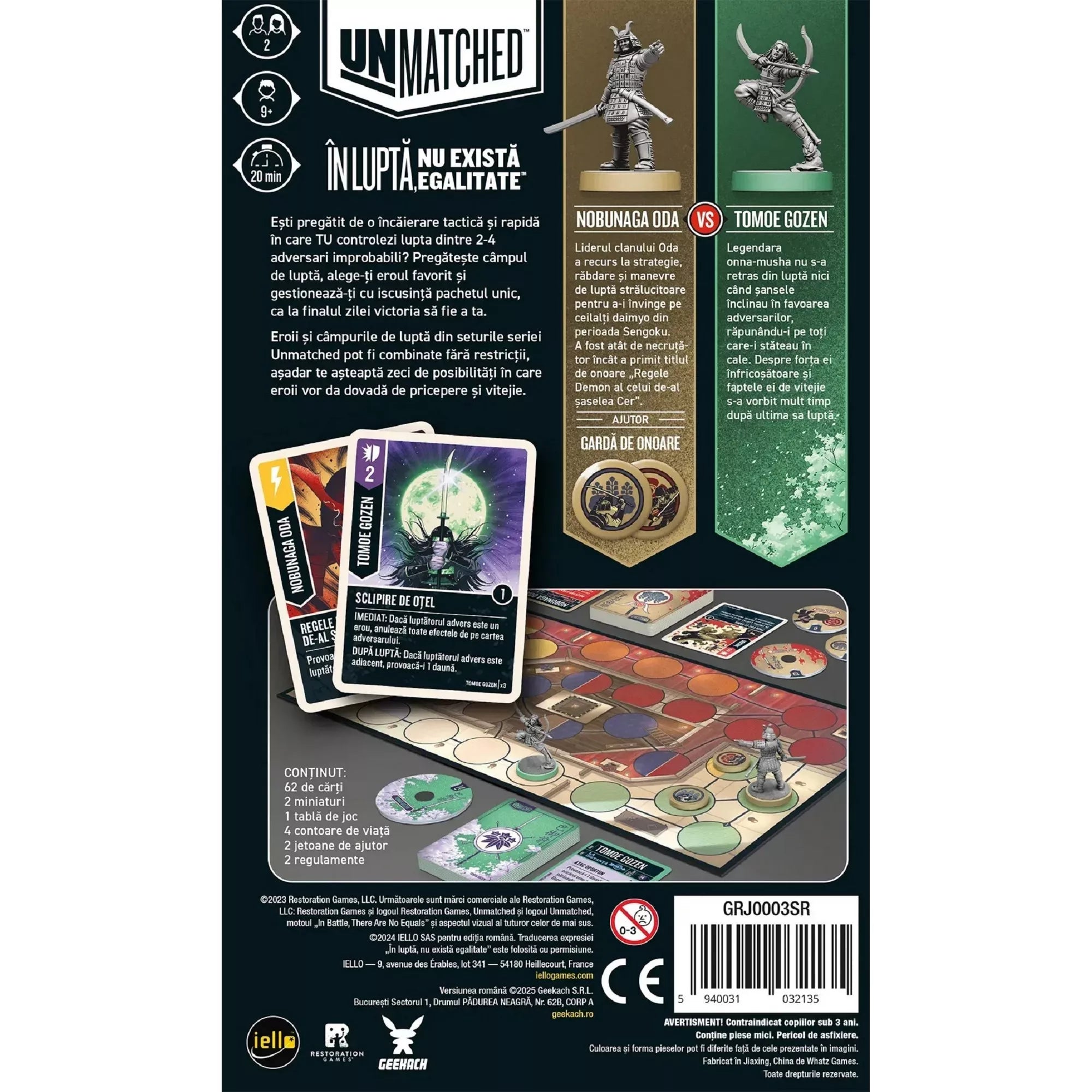 Unmatched: Soare Răsare doboz hátoldala játéktartalommal és hősökkel