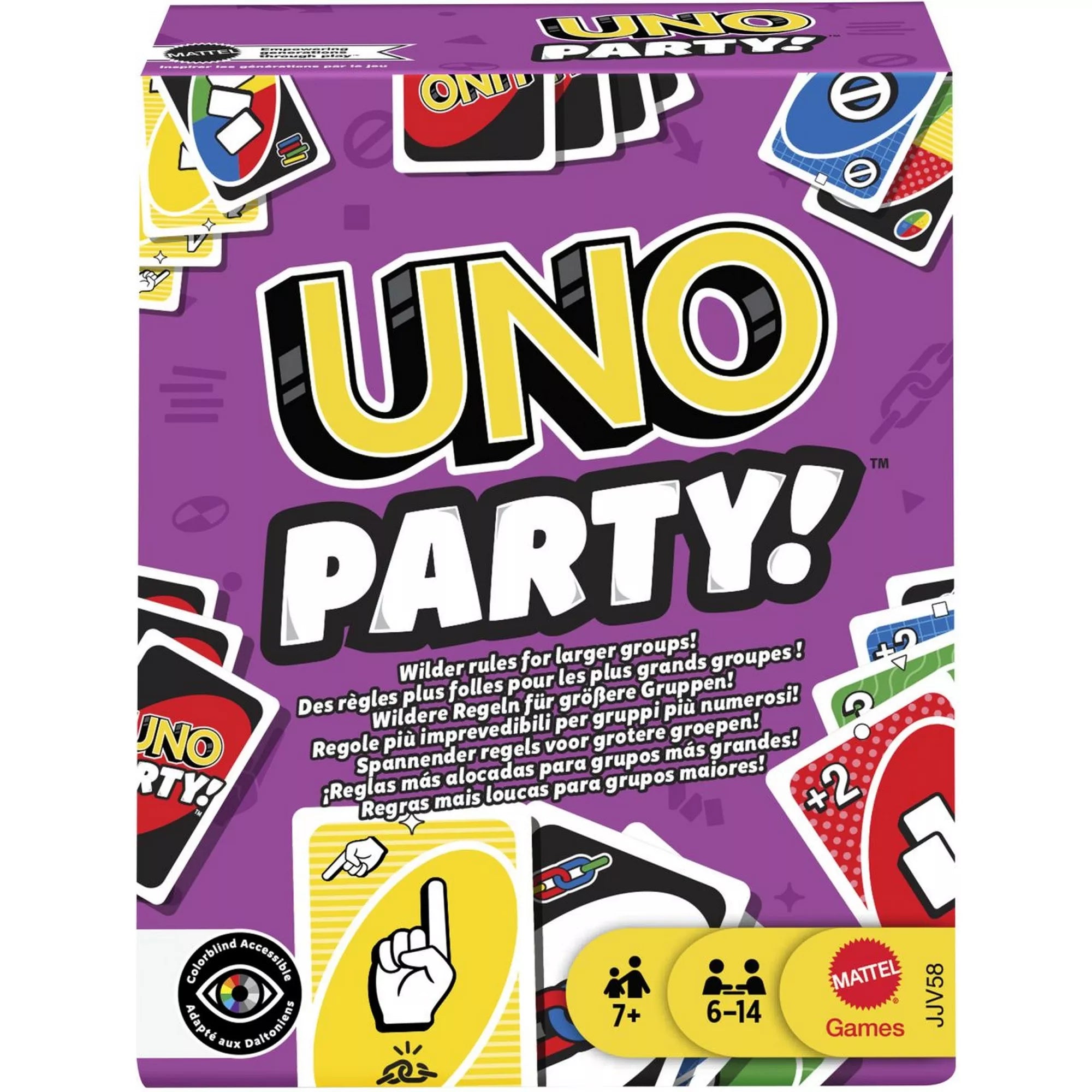 UNO Party kártyajáték dobozkép, nagy társaságoknak szánt UNO verzió, 6–14 játékos