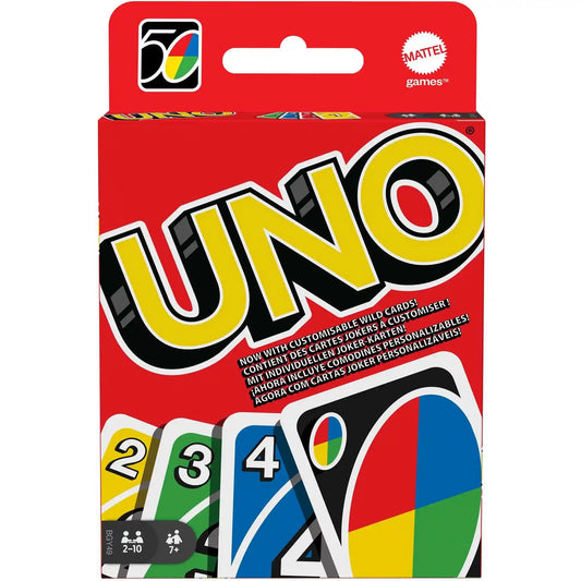 UNO kártyajáték doboza a Mattel 50. évfordulós kiadásában, klasszikus piros csomagolással, 108 lapos családi partijáték 2–10 játékos részére.