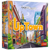 UpTown társasjáték doboza színes, városi illusztrációval, magas épületekkel és felhők között repülő reklámszalagos repülőgéppel.