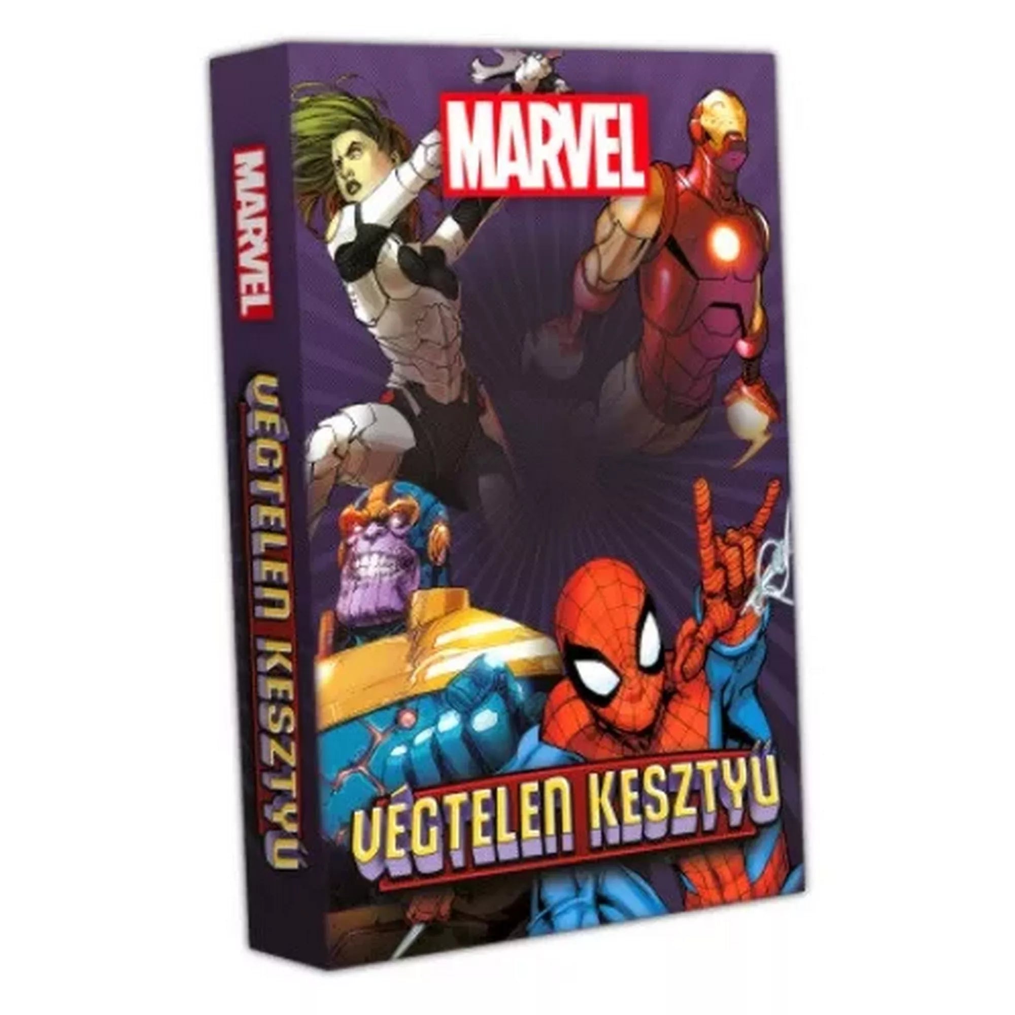 Marvel: Végtelen Kesztyű társasjáték dobozkép Thanos, Pókember és Vasember karakterekkel a Marvel univerzumból