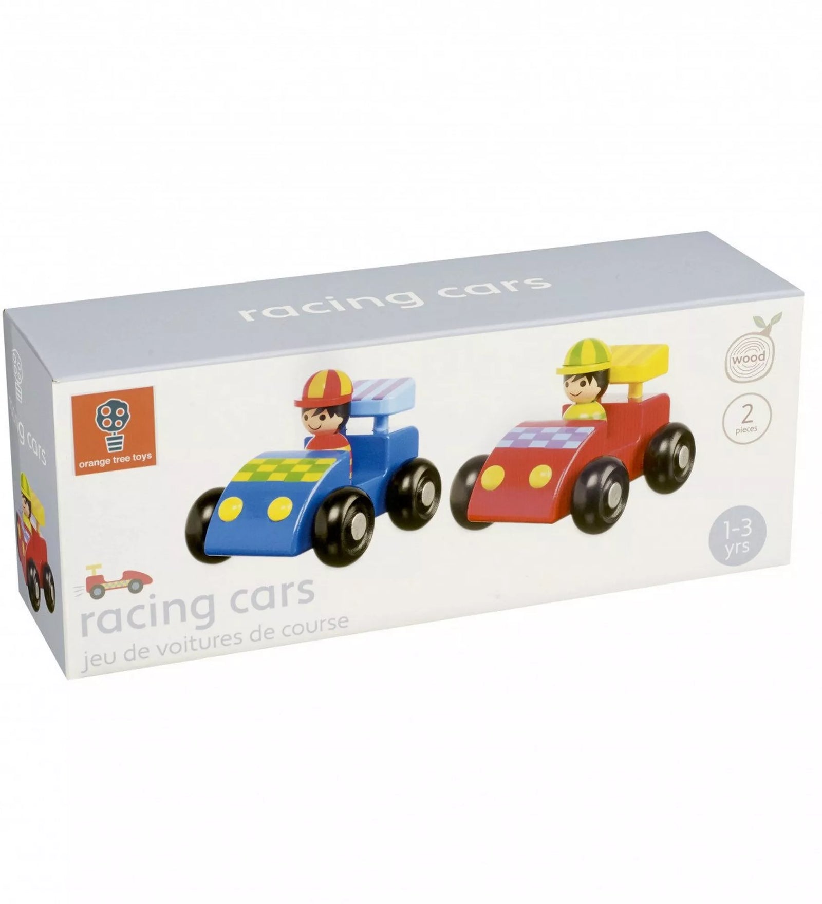 Az Orange Tree Toys „Versenyautó-szett” doboza, benne két színes fa versenyautóval – kék és piros autó kis sofőrfigurákkal, 1–3 éves gyermekeknek.