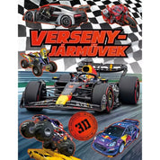 A "Versenyjárművek - 3D" könyv színes borítója, amely a motorsport különböző járműveit ábrázolja.