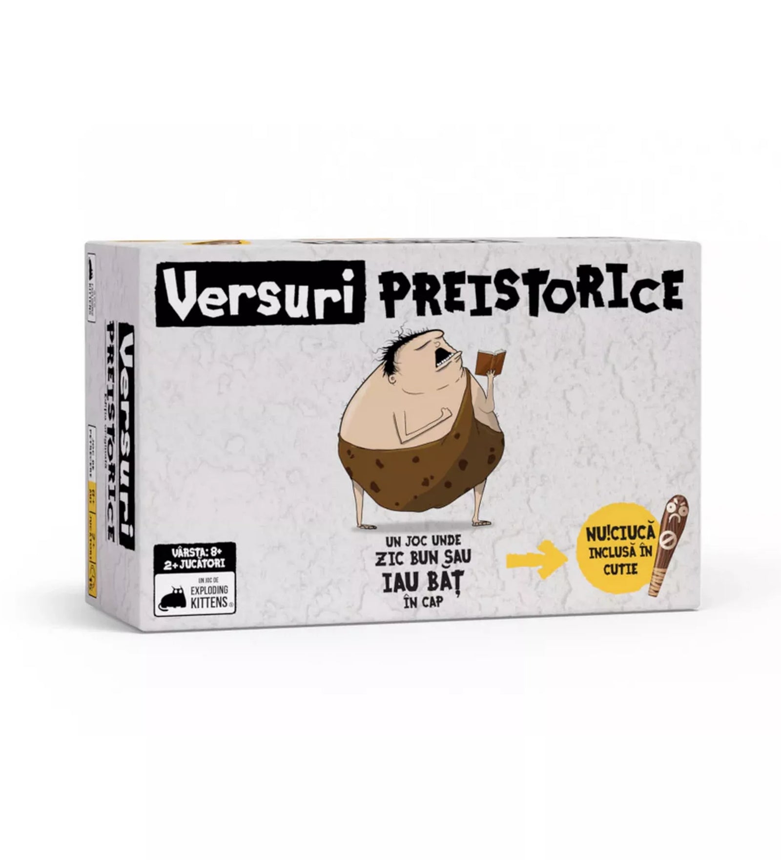 Versuri Preistorice társasjáték doboza, humoros barlanglakó illusztrációval, 2–8 játékos részére, Exploding Kittens kiadás