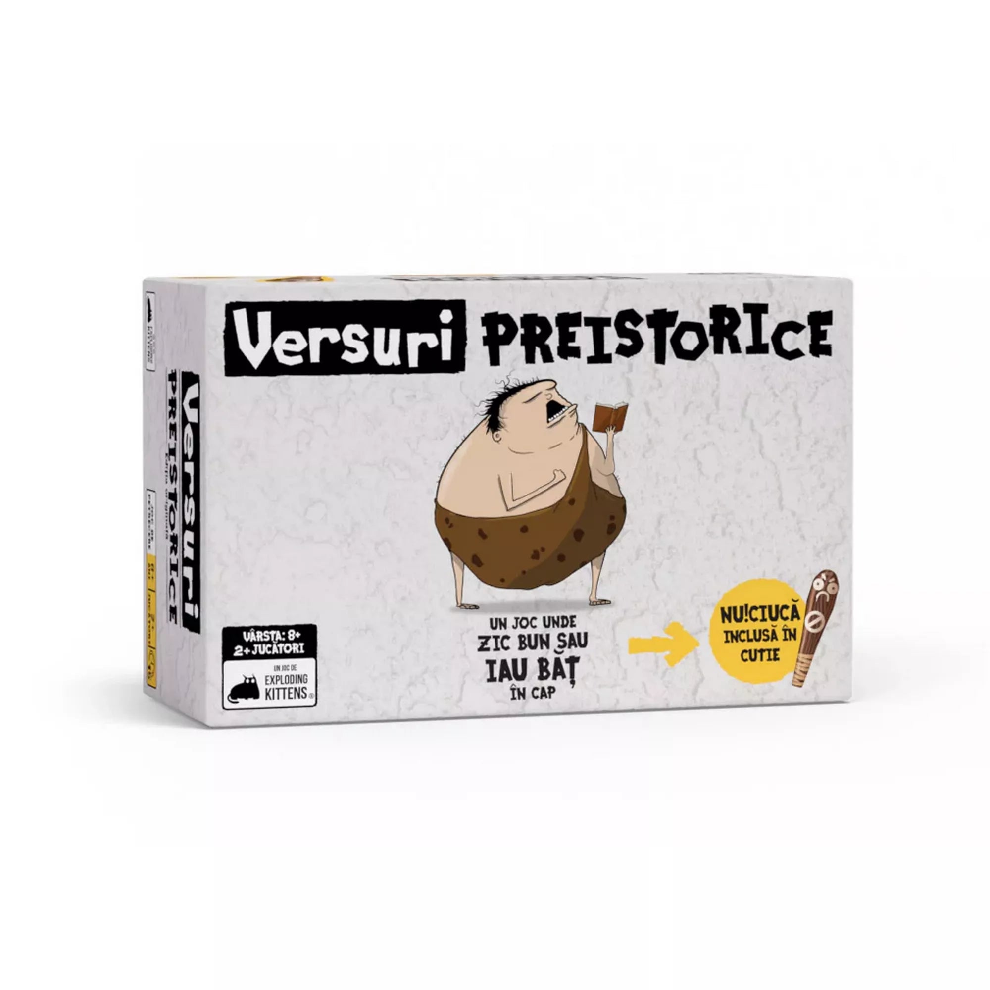 Versuri Preistorice társasjáték doboza, humoros barlanglakó illusztrációval, 2–8 játékos részére, Exploding Kittens kiadás