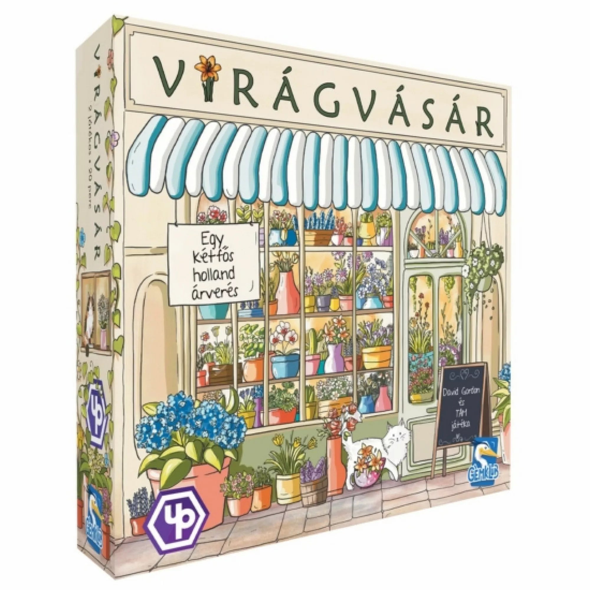 A Virágvásár társasjáték doboza, amelyen egy virágbolt színes kirakata látható tele növényekkel és cserepes virágokkal. A borító tetején a játék címe „Virágvásár”, alatta a felirat: „Egy kétfős holland árverés”.