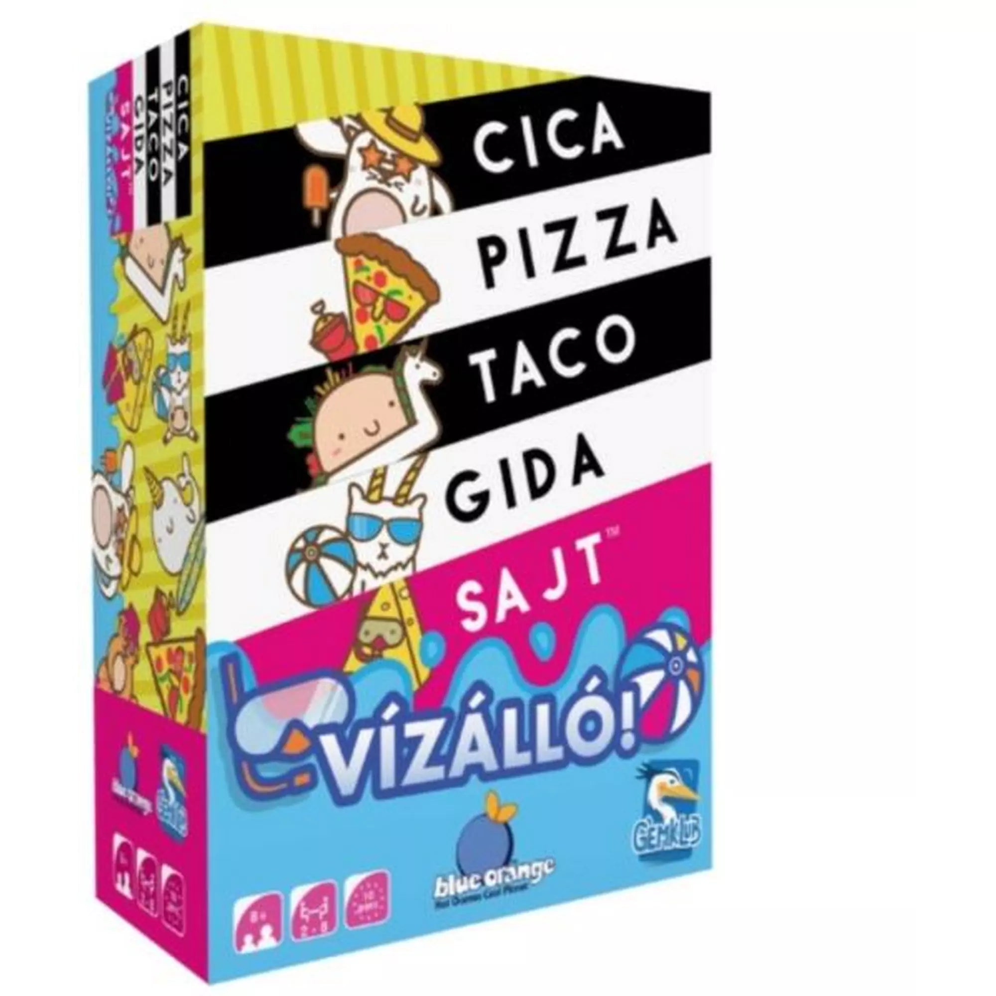 „Cica Pizza Taco Gida Sajt – Vízálló kiadás társasjáték doboza vidám, színes grafikákkal. A borítón állatok, ételek és nyári motívumok láthatók, alul a Vízálló! felirat kék hullámokkal és strandlabdával.”