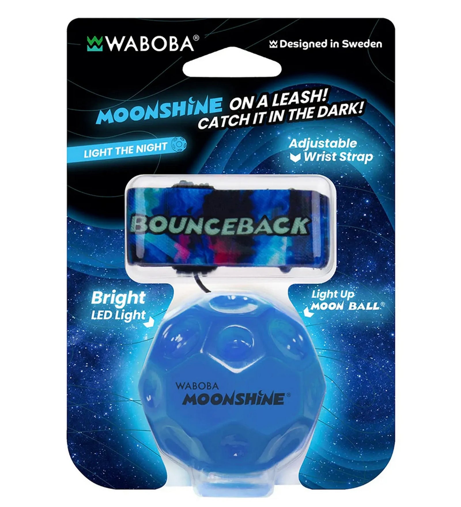 Waboba Moonshine LED Bounceback kék csomagolásban, LED világító Moon Ball labda állítható csuklópánttal.