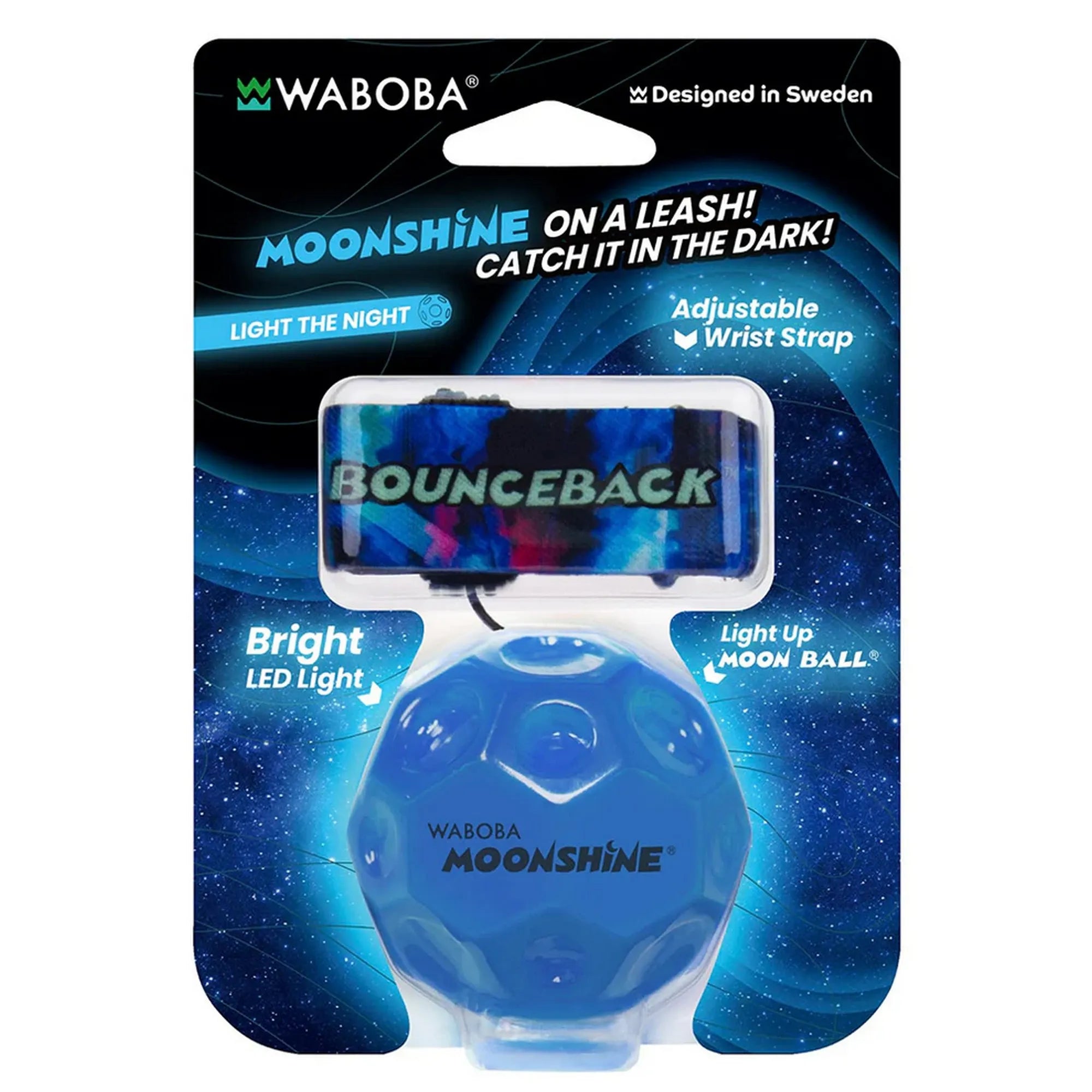 Waboba Moonshine LED Bounceback kék csomagolásban, LED világító Moon Ball labda állítható csuklópánttal.