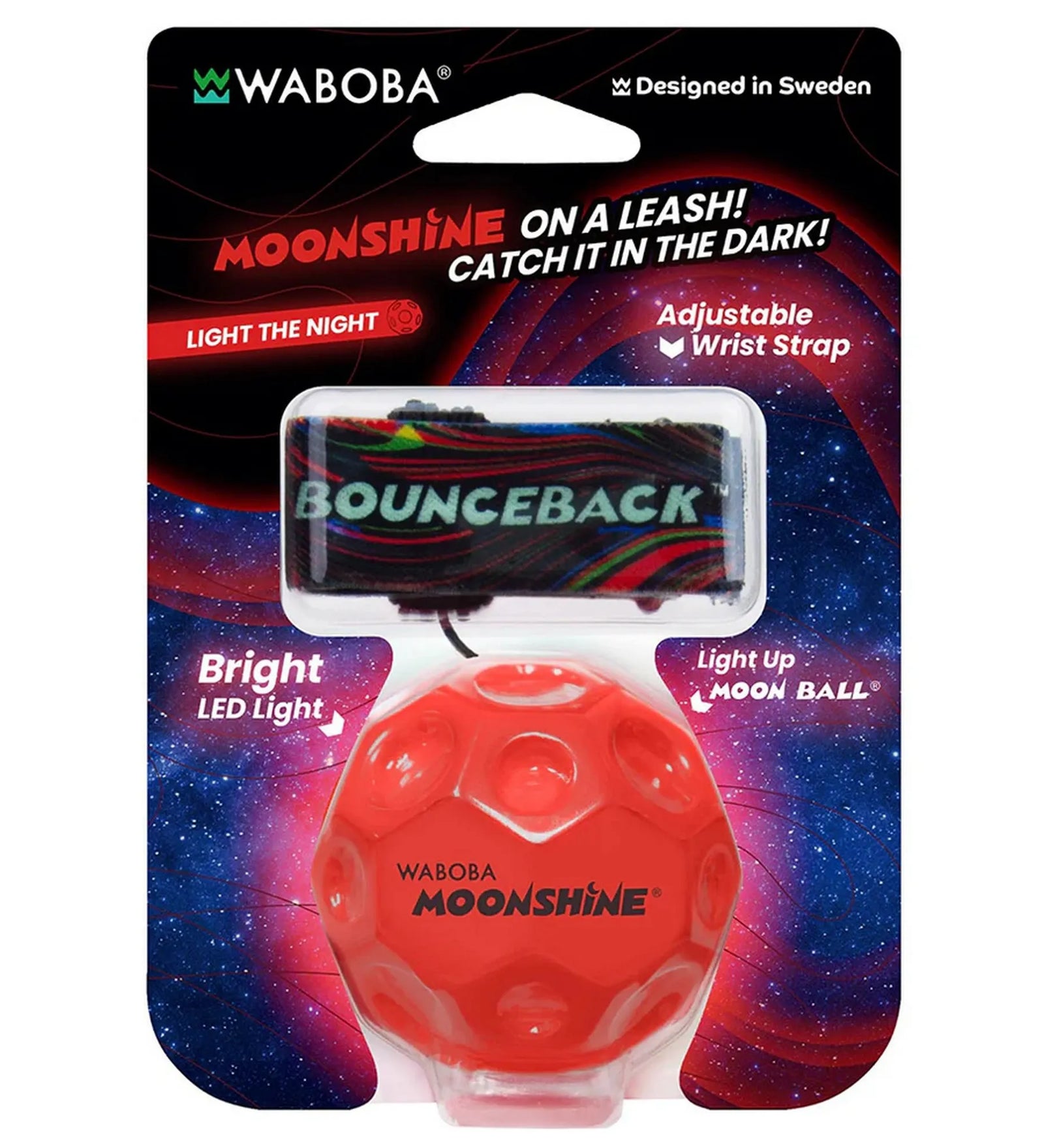 Waboba Moonshine LED Bounceback piros csomagolásban, világító Moon Ball labda és Bounceback csuklópánt.