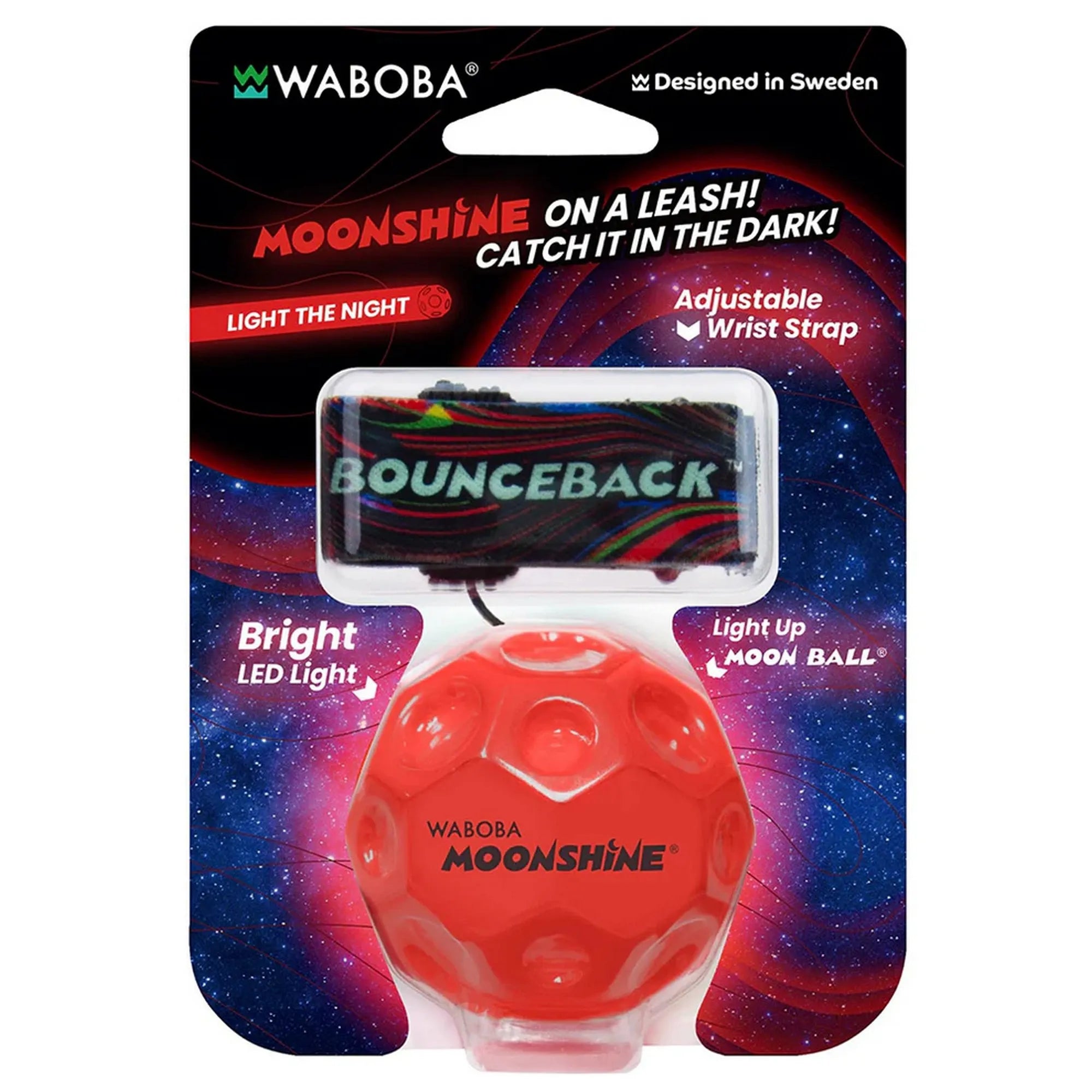 Waboba Moonshine LED Bounceback piros csomagolásban, világító Moon Ball labda és Bounceback csuklópánt.