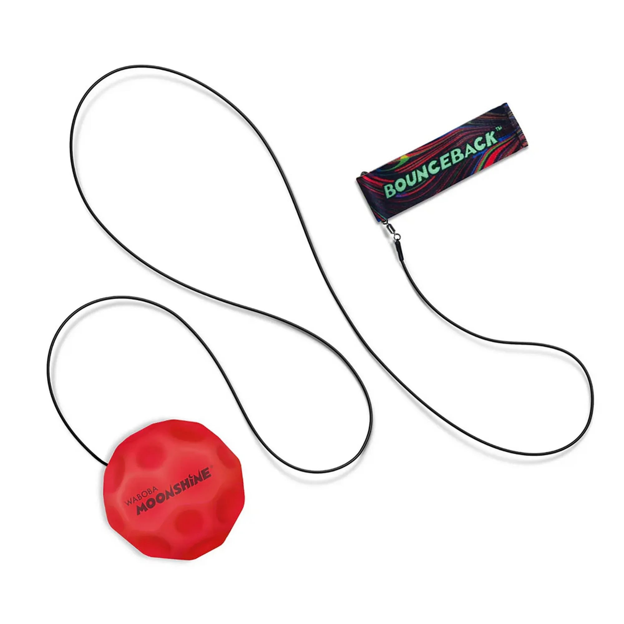 Waboba Moonshine LED Bounceback piros változat csuklópánttal és rögzített zsinórral, fehér háttéren.