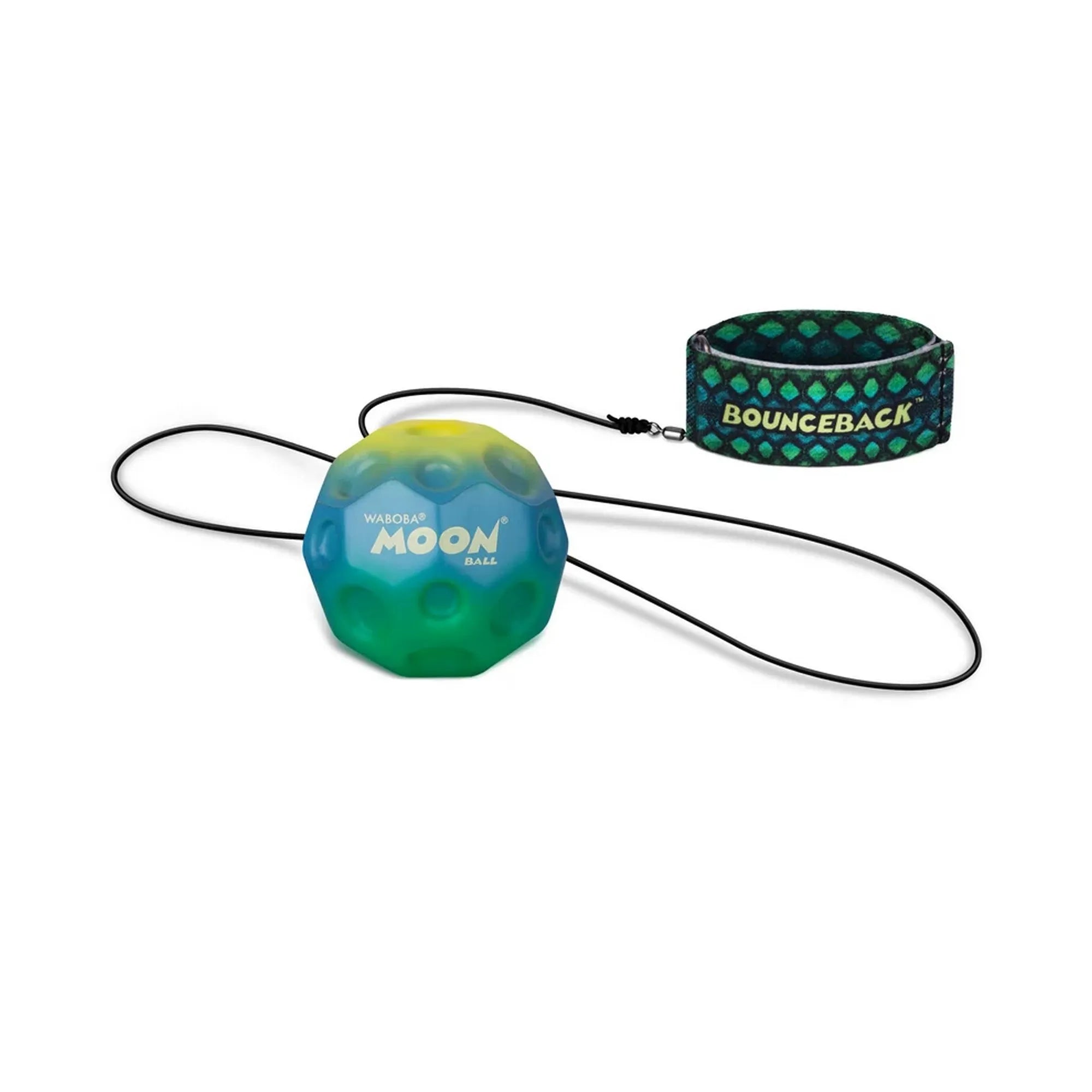 Waboba Bounceback Gradient zöld-kék Moon Ball labda sárgászöld felső résszel, fekete rugalmas zsinórral és zöld mintás csuklópánttal.