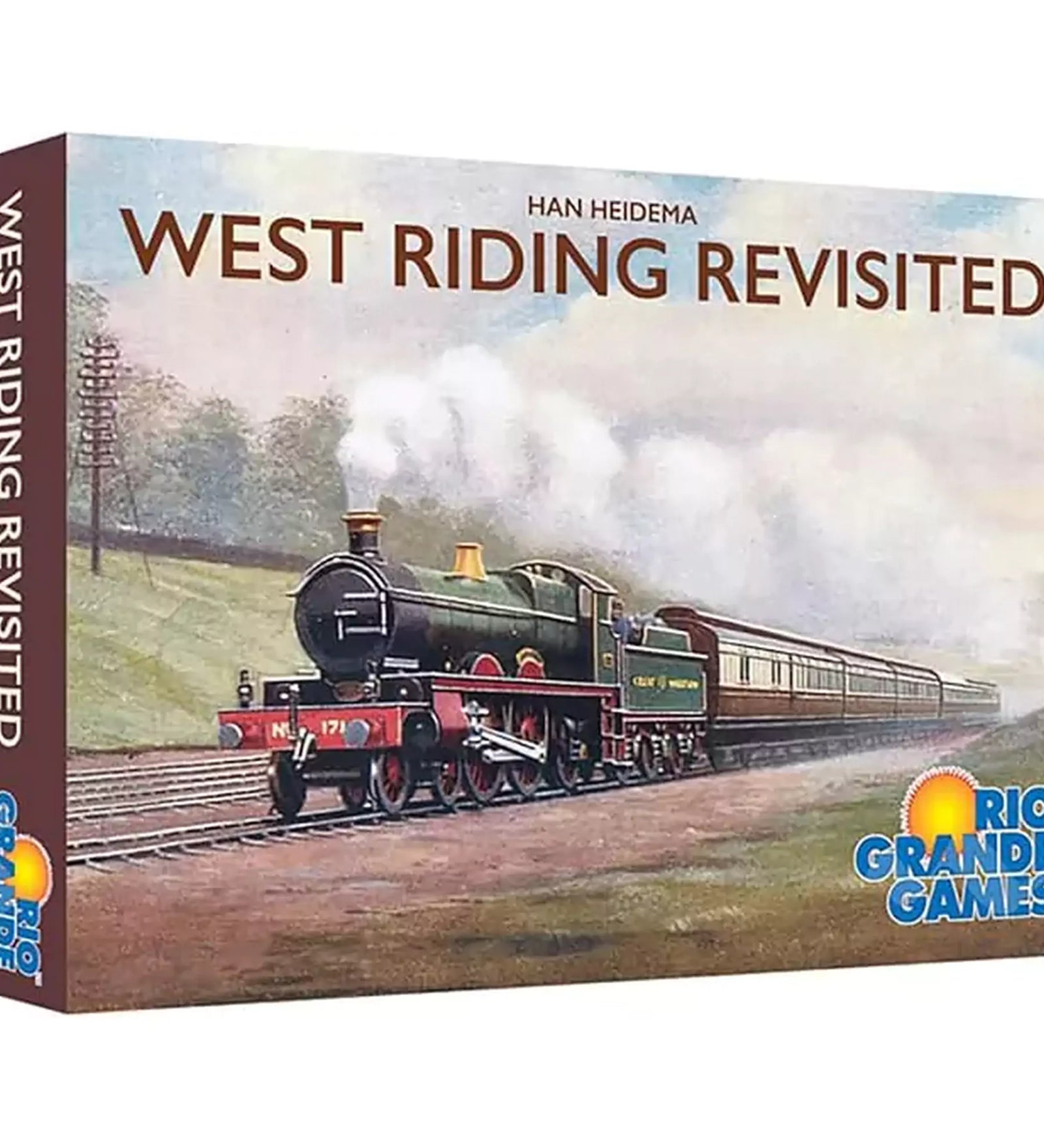 A „West Riding Revisited” társasjáték dobozának borítóján egy festményszerű ábrázolás látható: egy zöld gőzmozdony vontat egy elegáns vasúti szerelvényt vidéki tájon, füstöt eregetve. A háttérben fákkal szegélyezett mező és halvány égbolt tűnik fel. A jobb alsó sarokban a Rio Grande Games logója található.