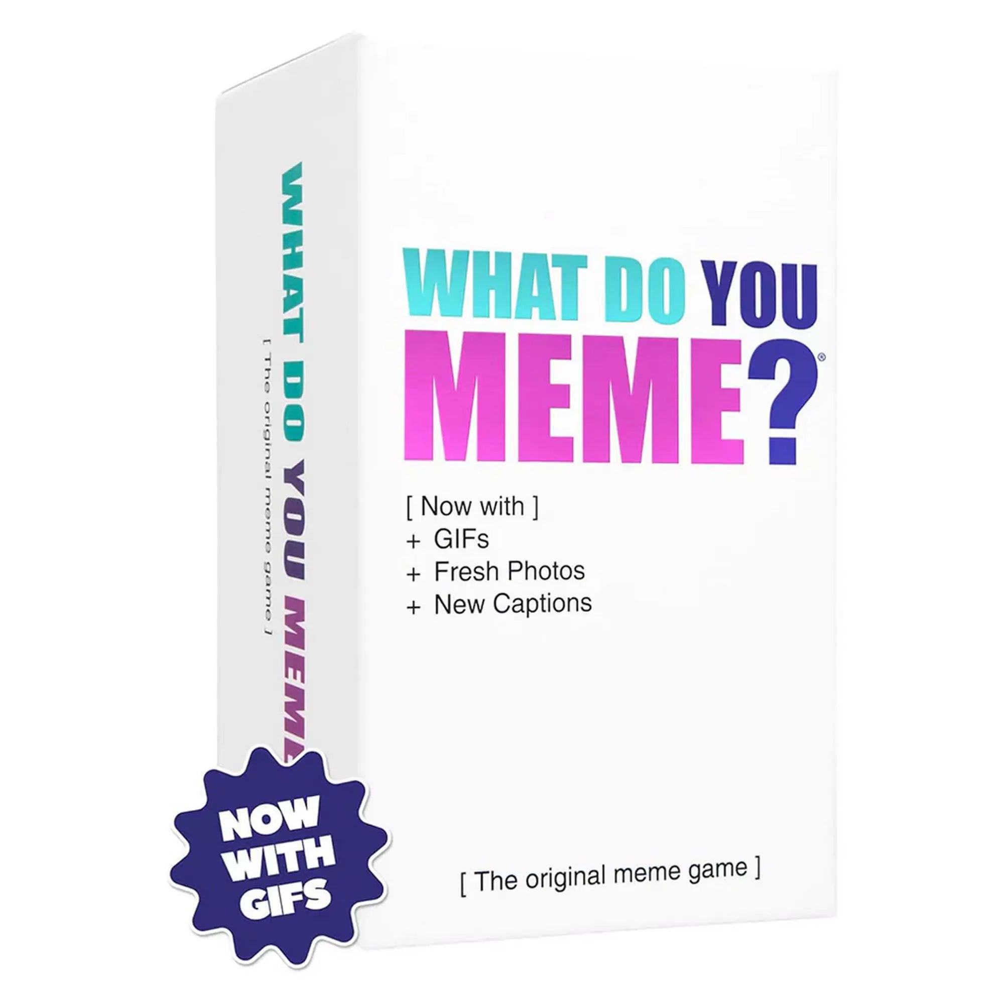„What Do You Meme? Új kiadás társasjáték fehér doboza, színes logóval, GIF-eket, új fotókat és friss képaláírásokat tartalmaz.”
