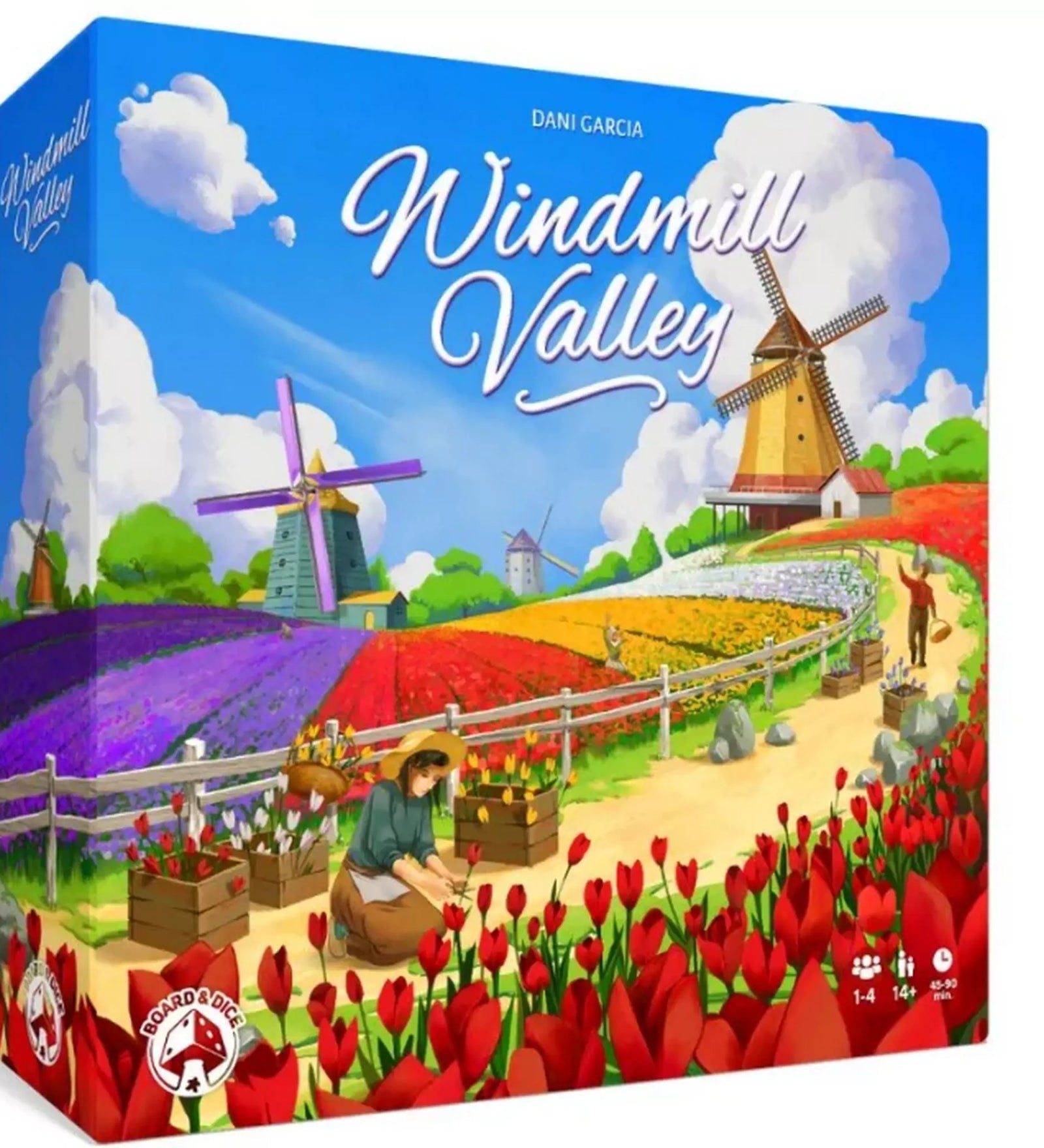 A Windmill Valley társasjáték színes doboza, amelyen egy virágmezőkkel teli dombos táj látható szélmalmokkal, ültető emberekkel és tarka tulipánokkal.