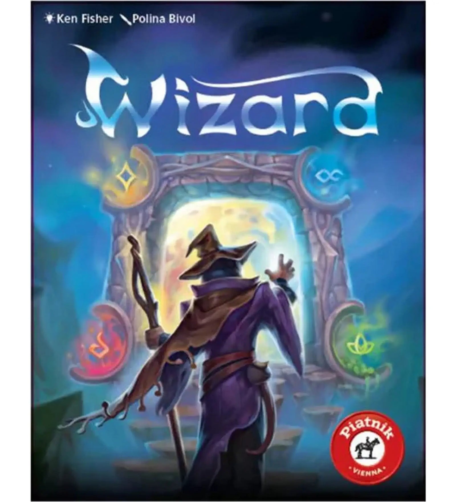 Wizard magyar nyelvű társasjáték doboza varázslóval, mágikus kapuval és misztikus fantasy grafikával.