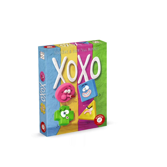 XOXO társasjáték doboza színes geometriai figurákkal és vidám arckifejezésekkel, magyar nyelvű kiadás.