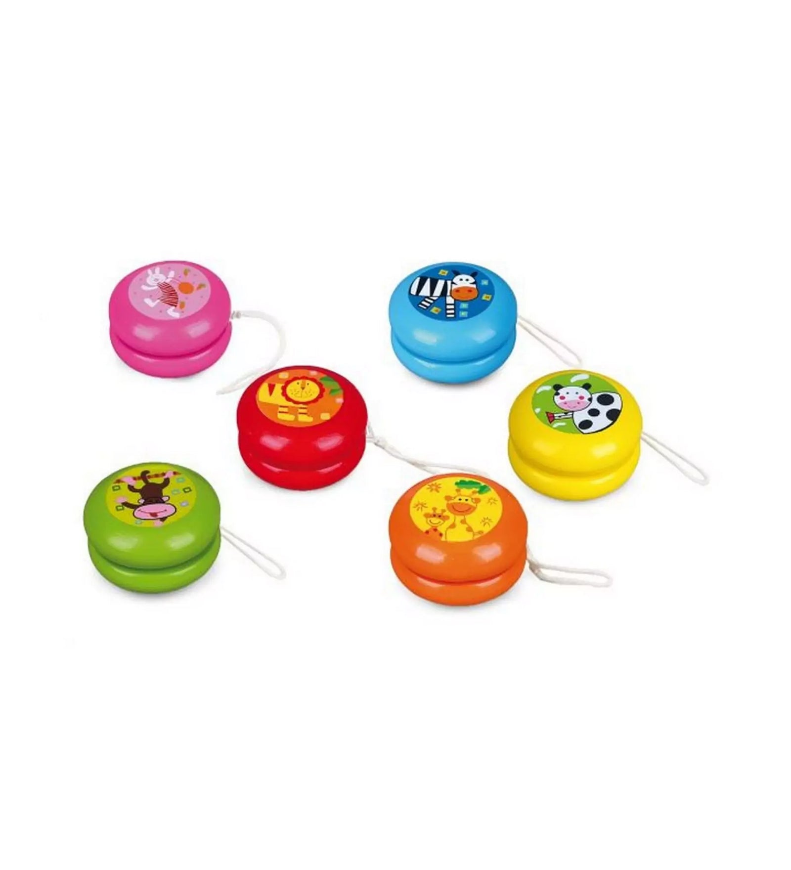 Színes Viga fa Yo-Yo játékok különböző állatfigurás mintákkal (nyuszi, zebra, tehén, zsiráf).