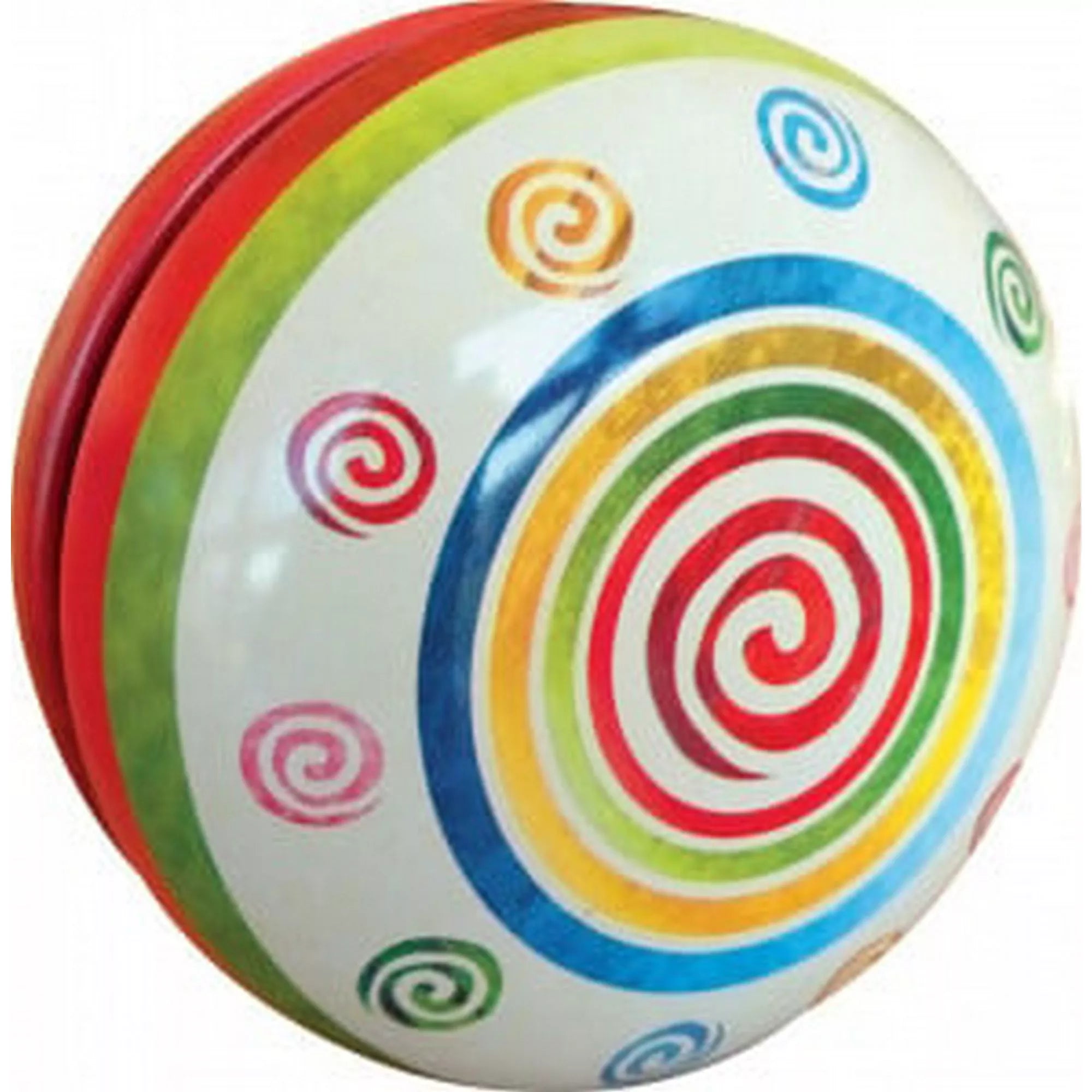 Fehér alapon piros, zöld, kék és sárga spirálmintás Yoyo Fantázia fém jojó közelről, klasszikus, retro hangulatú dizájnnal.