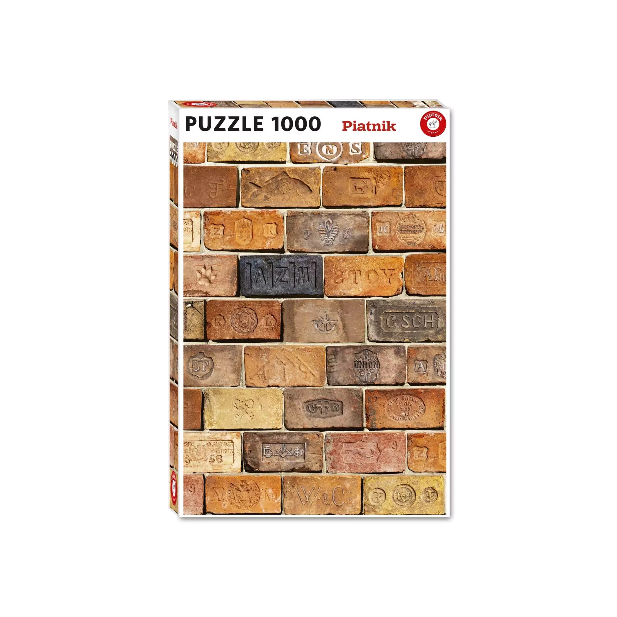 „A Ziegel / Bricks 1000 darabos Piatnik puzzle doboza, amely különböző színű és mintájú téglákat ábrázol, régi bélyegzőkkel és jelképekkel díszítve.”