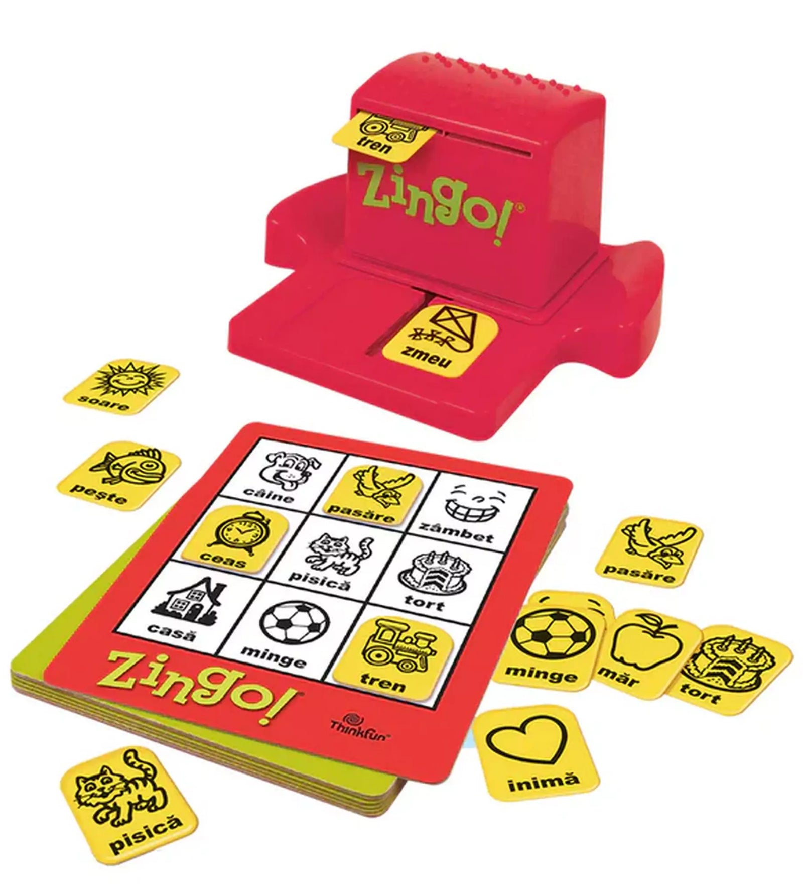  A ThinkFun Zingo! társasjáték tartalma: egy piros Zingo! adagoló, amely sárga képes kártyákat tol ki, valamint egy Zingo! játéktábla és több sárga kártya különböző szavakkal és képekkel.