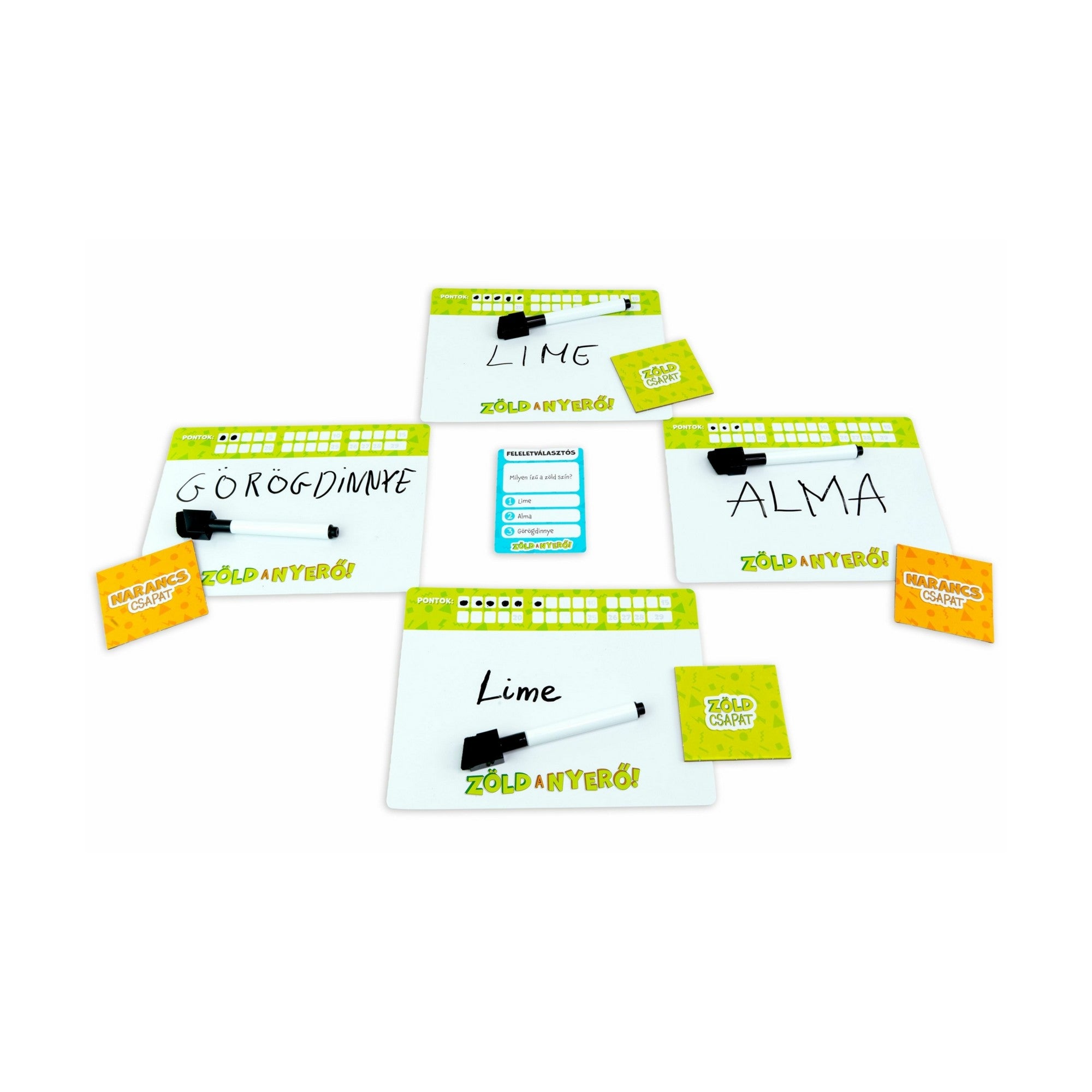 A játék közben használt fehér táblák különböző válaszokkal: „Lime”, „Alma” és „Görögdinnye”. A középen látható kártya kérdése: „Milyen ízű a zöld szín?” – a játék hangulatát jól visszaadó pillanatkép.