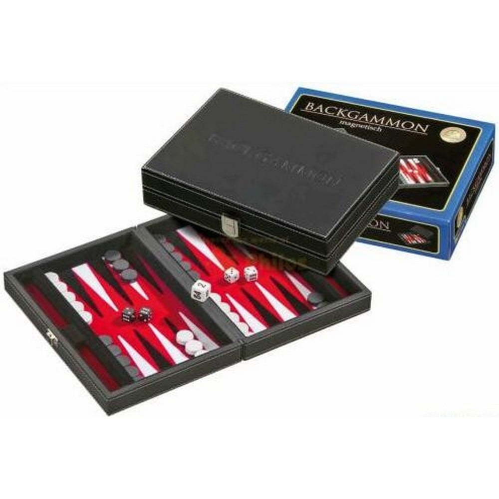 Mágneses Backgammon, 23cm fekete műbőr kofferben angol nyelvű társasjáték