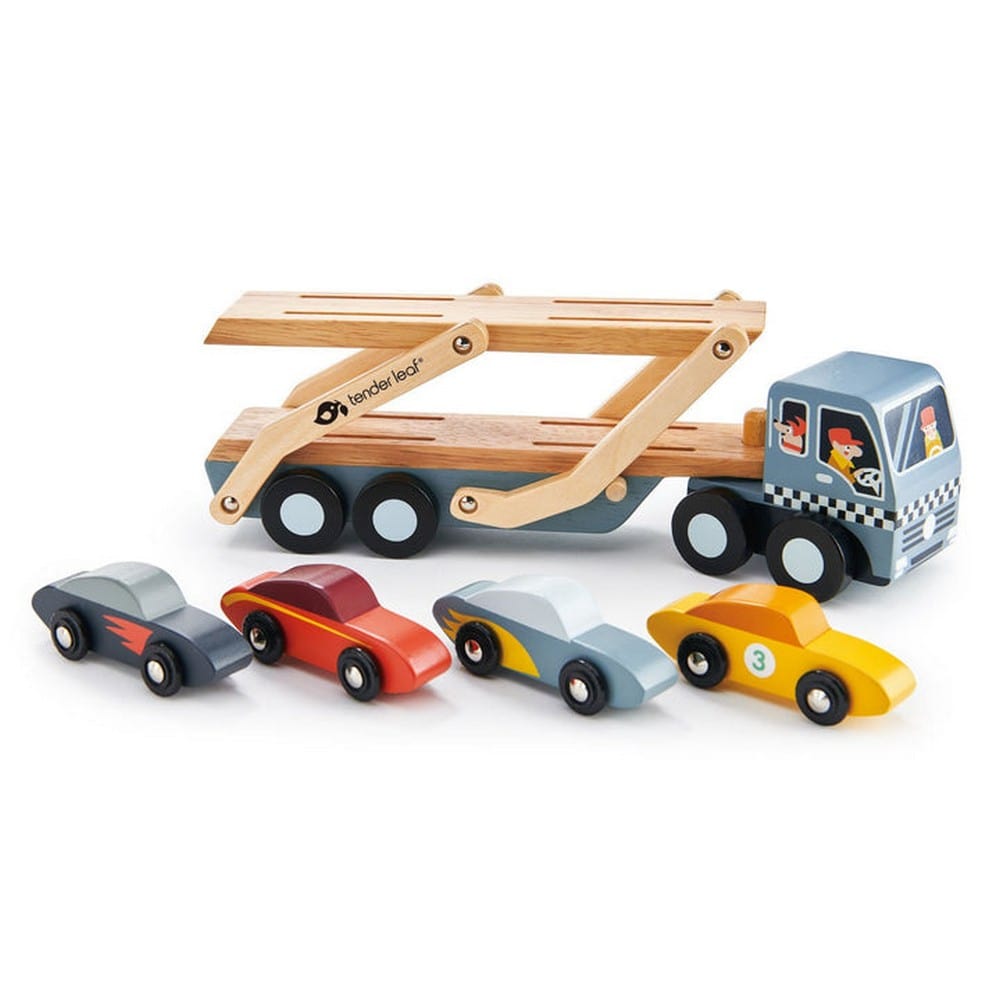 Autó szállító, 5 sport autóval, prémium minőségű fából - Car Transporter - Tender Leaf Toys