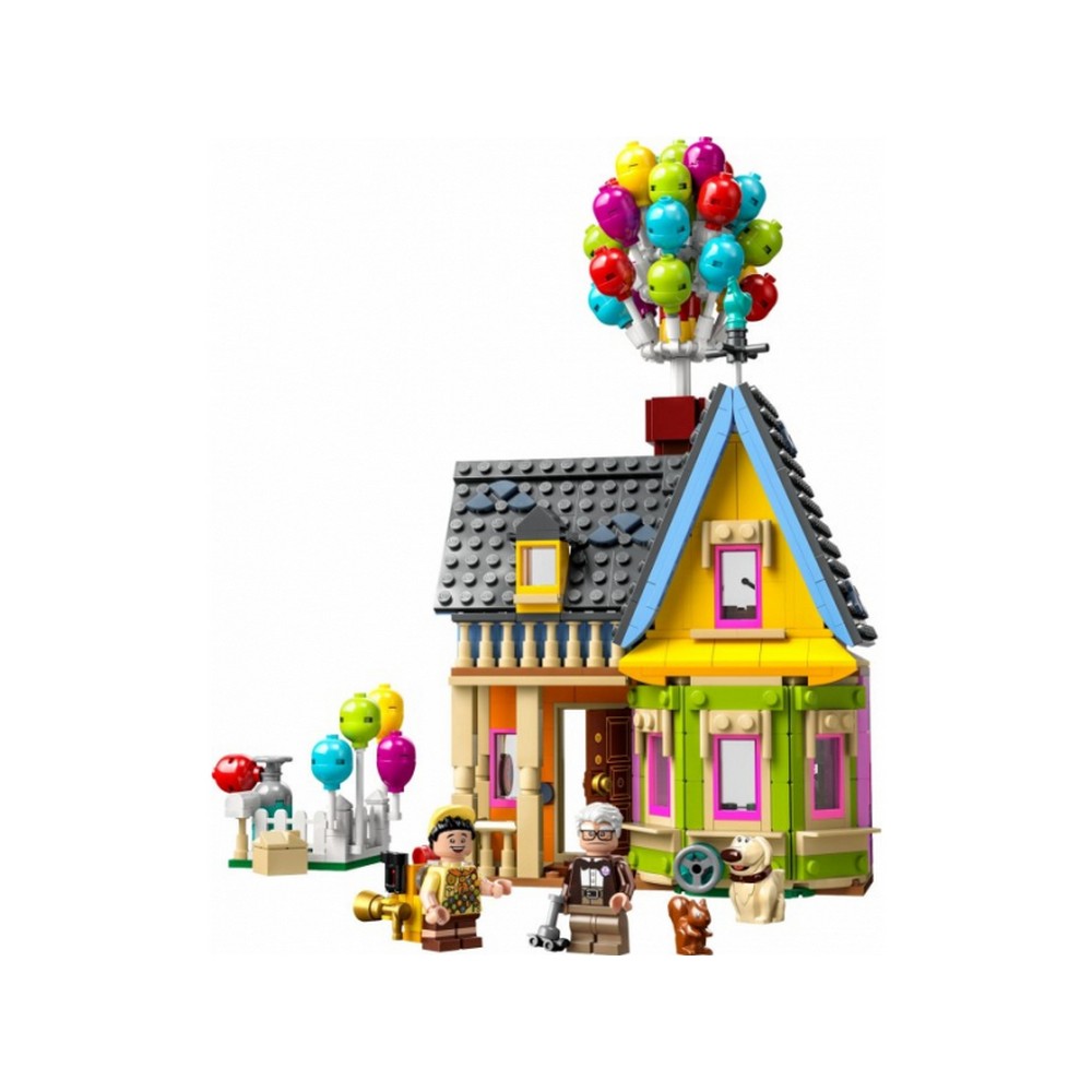 LEGO "Fel" ház külső nézet, Carl Fredricksen, Russell, Dug és a ház ikonikus színes léggömbjei.