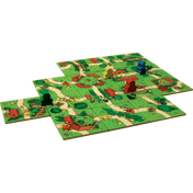 Carcassonne Junior játékelemek pályával, figurákkal és kártyákkal felülről fotózva
